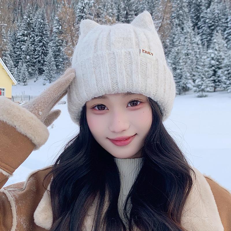 Cartoon Cat Ear Woolen Hat for Women, Autumn and Winter Japanese Style Thickened Warm Knit Hat, Large Head Circumference Cold-Proof Hat