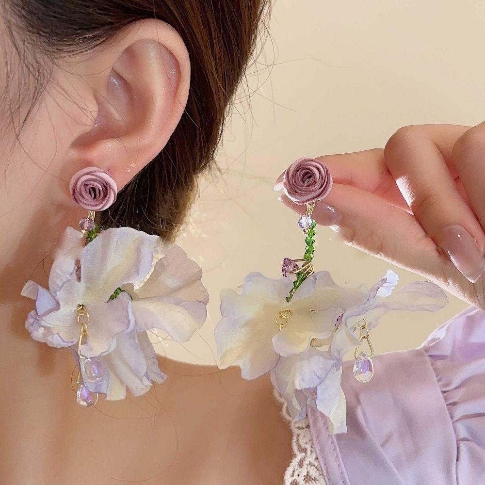 Glass Crystal Beach Earrings Sweet Petals Stud Earrings Trendy Flower Dangle Earrings Party