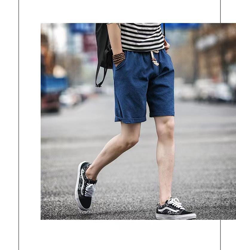 Men's Korean Style Cotton Linen Beach Shorts - Casual Plus Size, Solid Color, Five-Point Design.