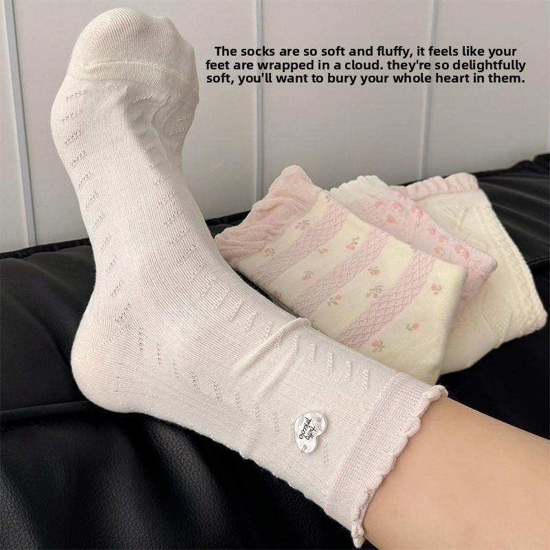 Floral-patterned Socks - Summer Lightweight Cotton Socks in Mid-length, Sweet Lace Stockings, Paired with Small Leather Shoes, Stackable Socks