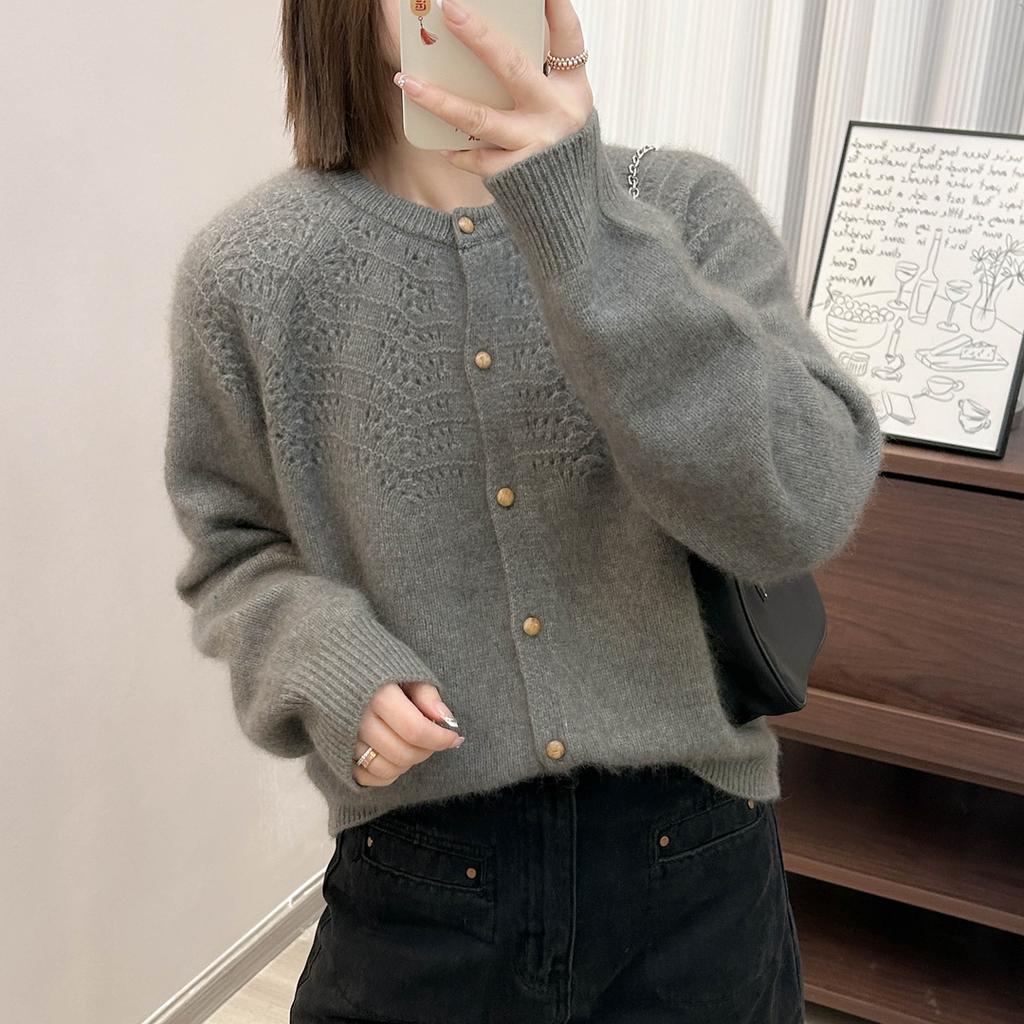 Women's Spring/Autumn Fan-Shaped Hollow Solid Color Long-Sleeve Knit Cardigan with Crew Neck, Loose Korean-Style and Temperament