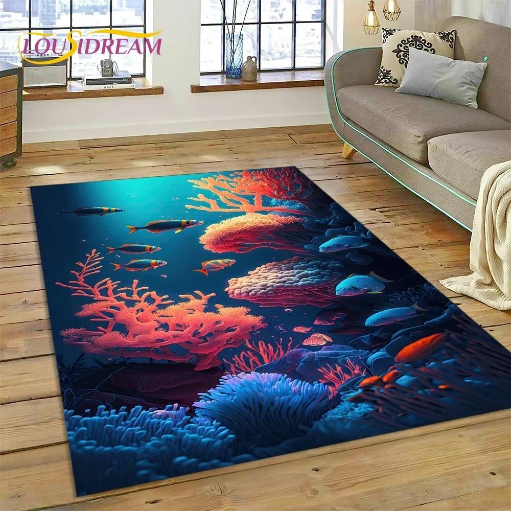 Tappeto Moquette 3D Mondo Sottomarino Fondale Marino Delfino Cartone Animato per Camera da Letto Soggiorno Decorazione Casa Divano, Bambino Grande Decor Tappetino Pavimento