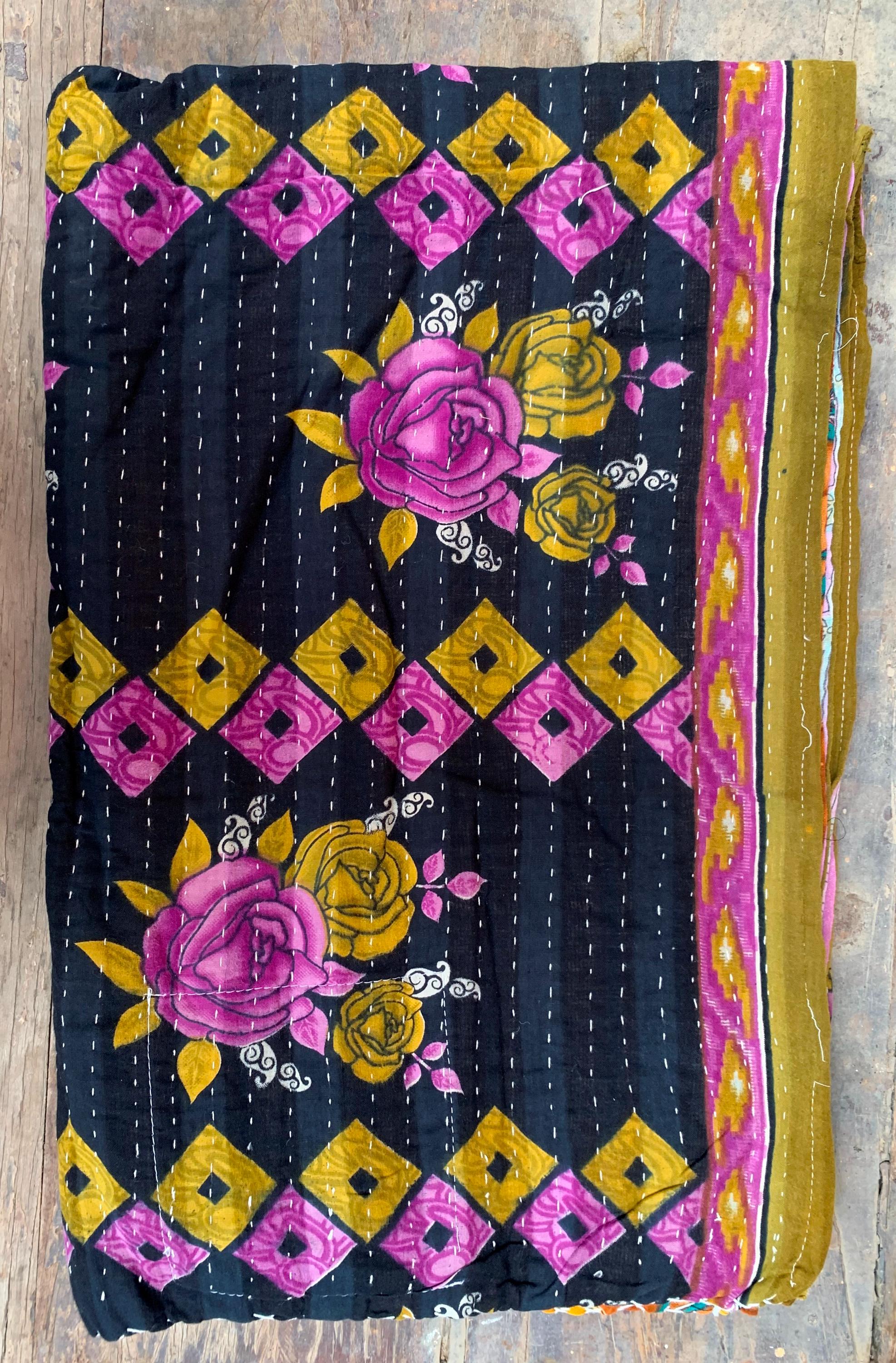 Vintage Floral Kantha Quilt: Hand-Stitched Reversible Throw Blanket 80X 50