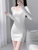 Pure Desire U-Neck Long-Sleeve Knit Dress - Sexy & Sweet Petite Autumn/Winter Waist-Cinching Skirt