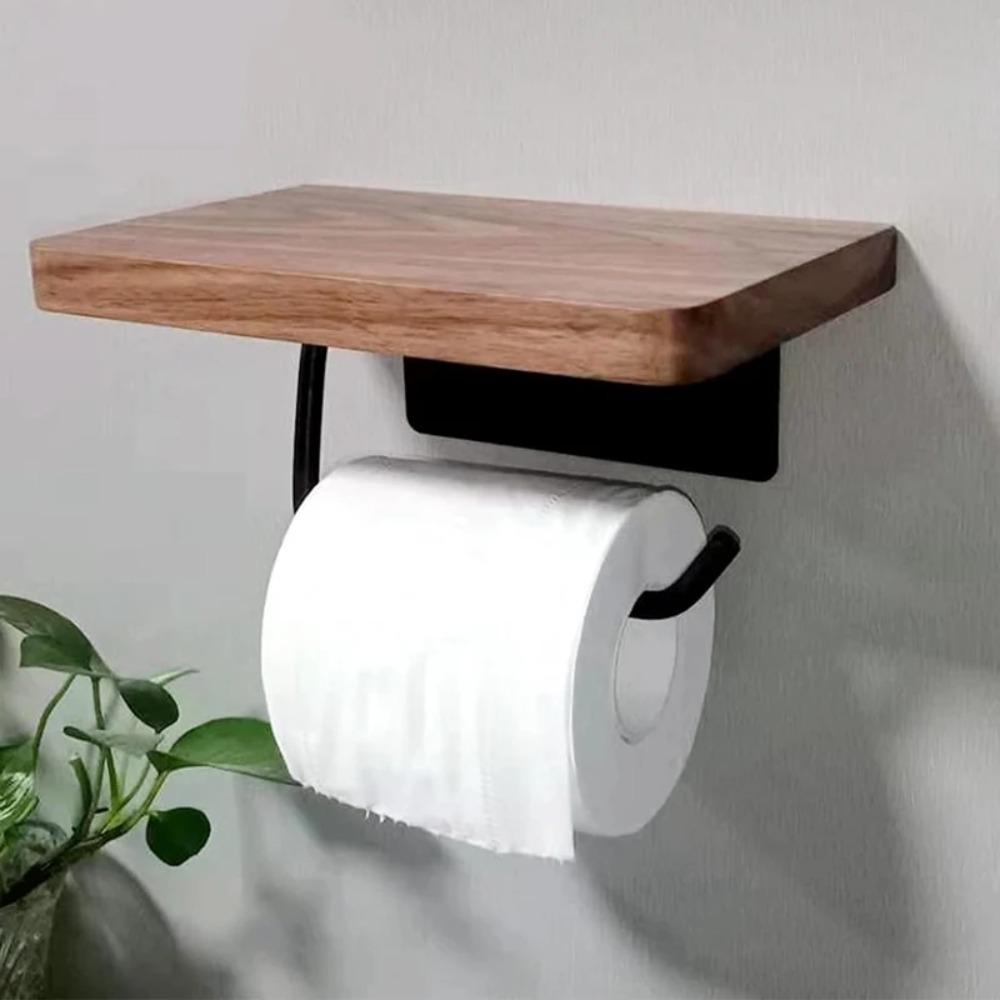 Wooden Toilet Tissue Roll Holders Wall-Mounted Phone Holder Shelf Towel Roll Shelf Kitchen