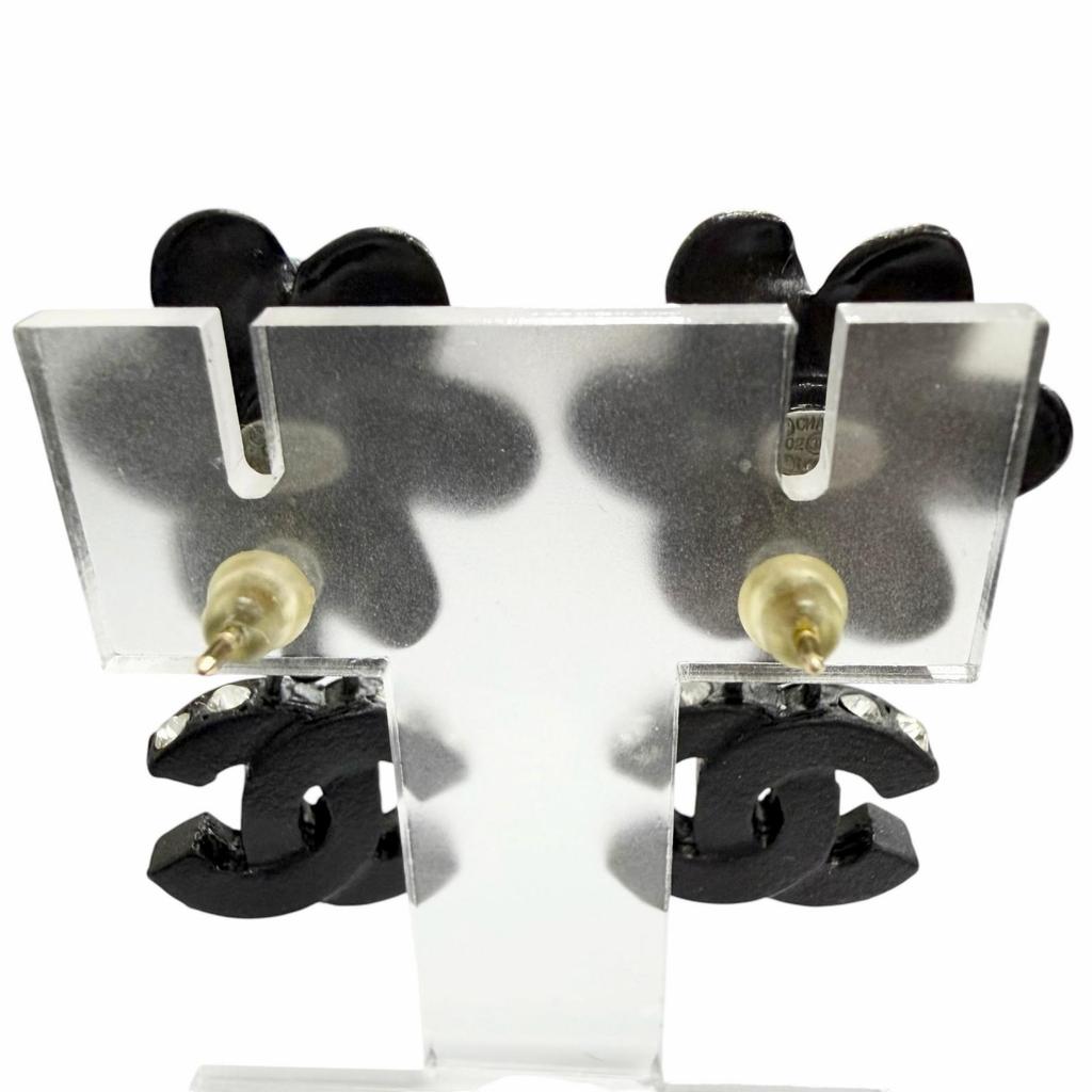 Great CHANEL Camellia COCO Mark Rhinestone Piercings (for both ears) black 02A Used