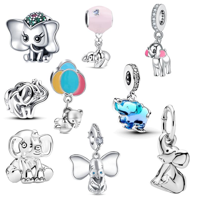 New 925 Sterling Copper Blue Murano Glass Elephant Cute Cartoon Openwork Beads Fit Original Pantaro Charms Bracelets DIY Zircon