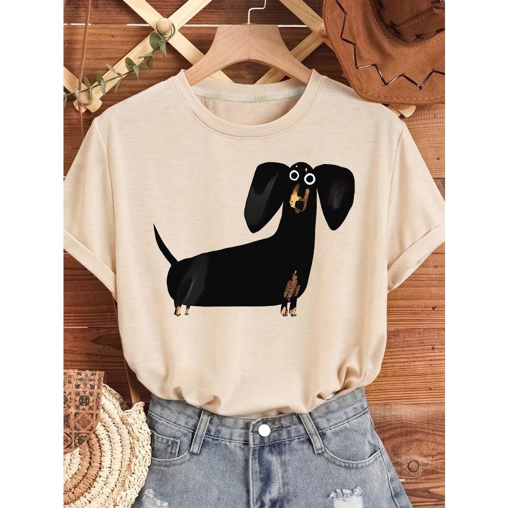 Cute Black Sausage Dog Funny Printed Women's T-shirt Short Sleeve Crew Neck Top for Summer Women's Harajuku Casual Clothing