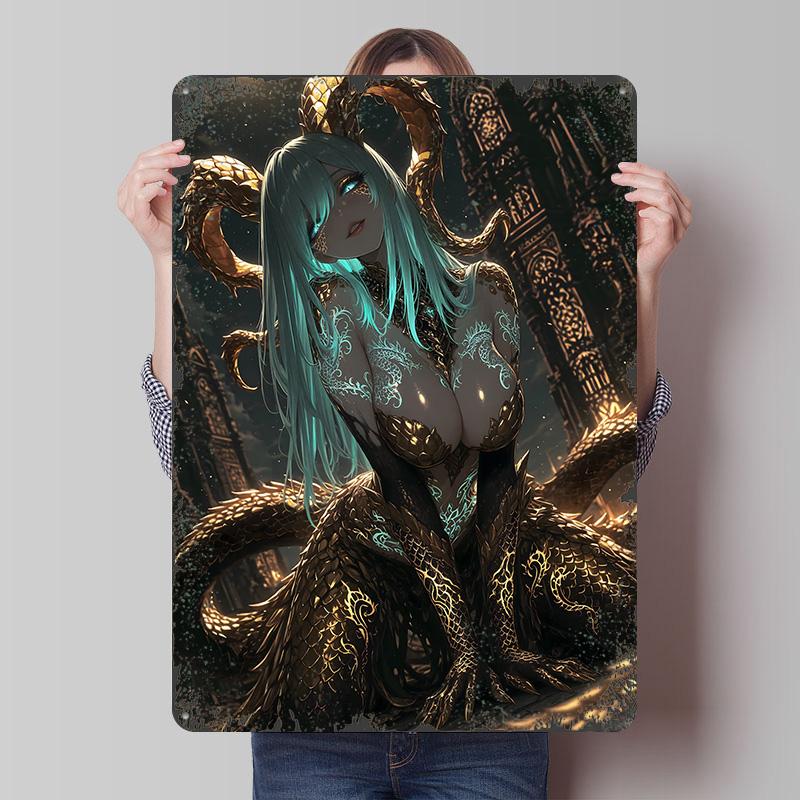 Dragon Girl With Golden Scales Poster Customized Wall Art Vintage Metal Signs Retro Tin Plaque for Man Cave Gamer Decoration
