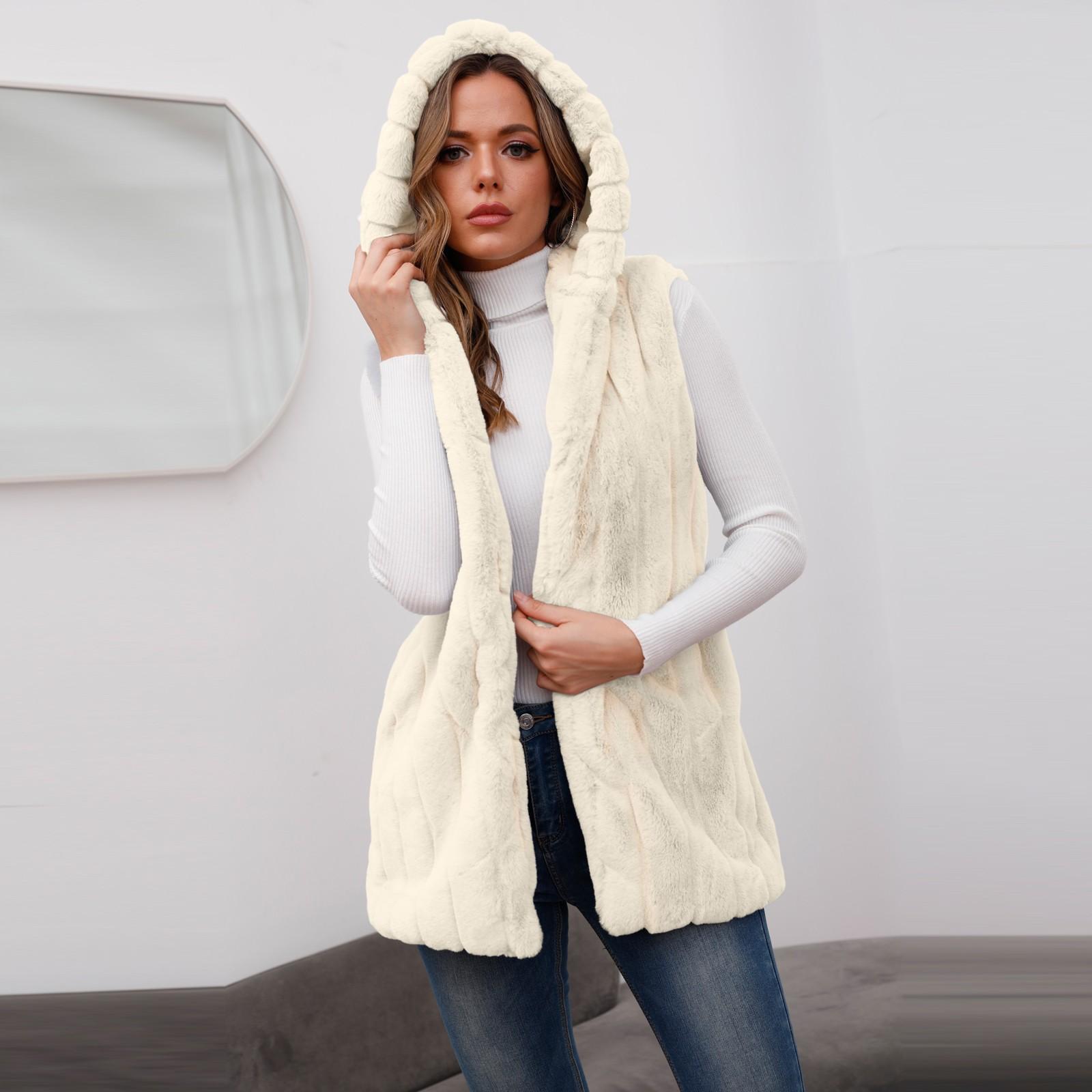 

Женский осенне-зимний однотонный флисовый теплый парусиновый жилет с капюшоном S белый