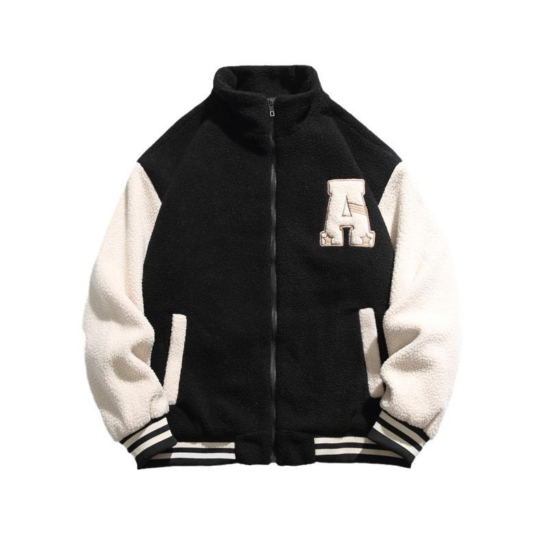 Lamb Fleece Baseball Jacket Men's New Autumn and Winter Warm Trendy Letter Embroidery Loose Casual Stand Collar Cotton Jacket