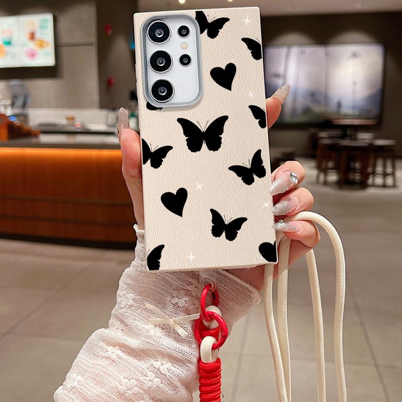 Love Heart Butterfly Print Stoßfeste weiche Handyhülle für Samsung S25 Ultra S24 FE S23 S22 S21 A16 A55 A56 A15 A36 Crossbody Rope Matte TPU Slim Cover