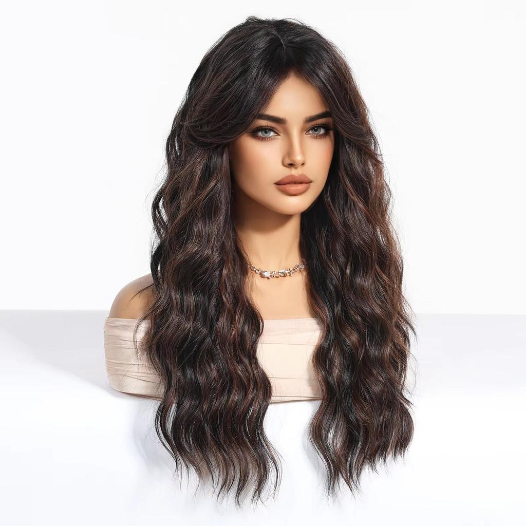 BLONDE UNICORN Synthetic Wig PDark Brown Curly Wavy Wigs with Bangs Cosplay Party UseHeat Resistant Fiber for Women Girl