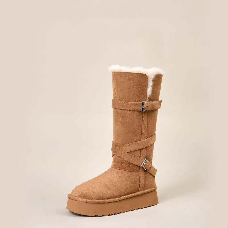 Real fur integrated warm thick-soled snow boots women's winter new buckle medium tube women's thickened cotton shoes