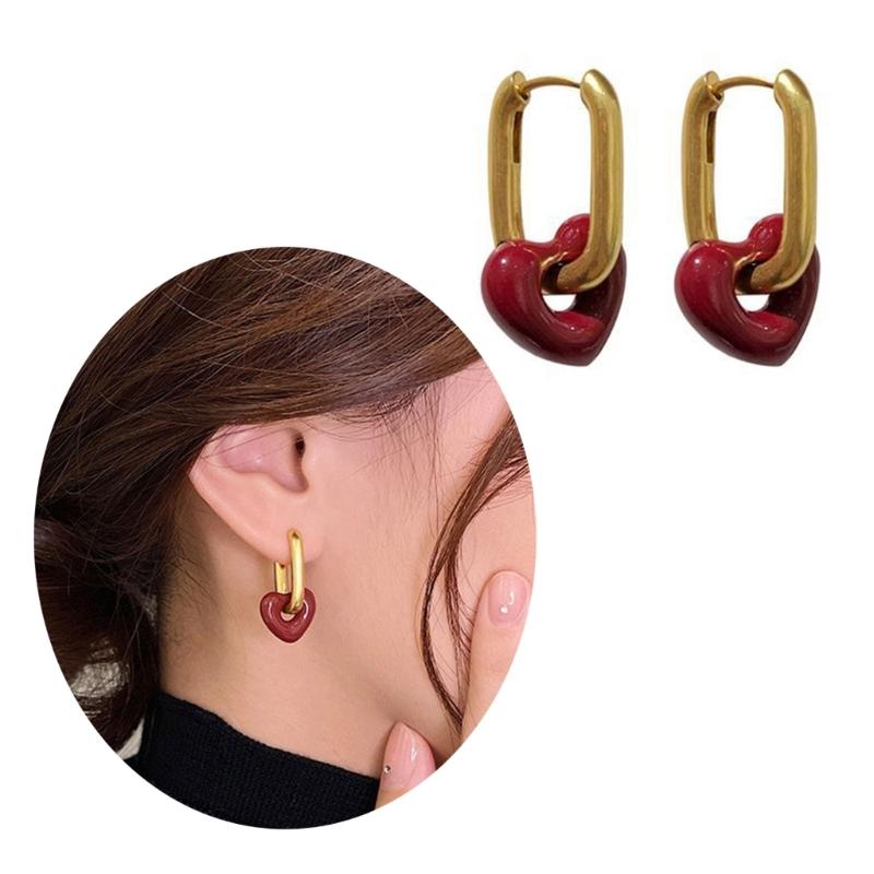 Red Heart Hoop Earrings for Women Girls Lightweight Geometric Ear Accessories Comfortable Student Fashion Jewelry