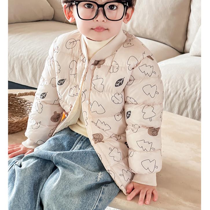 Boy's Warm Cotton-padded Clothes Foreign Style Winter Baby Boy Thickened Short Cotton-padded V-neck Jacket Children's Autumn Cute Cartoon Print Coats