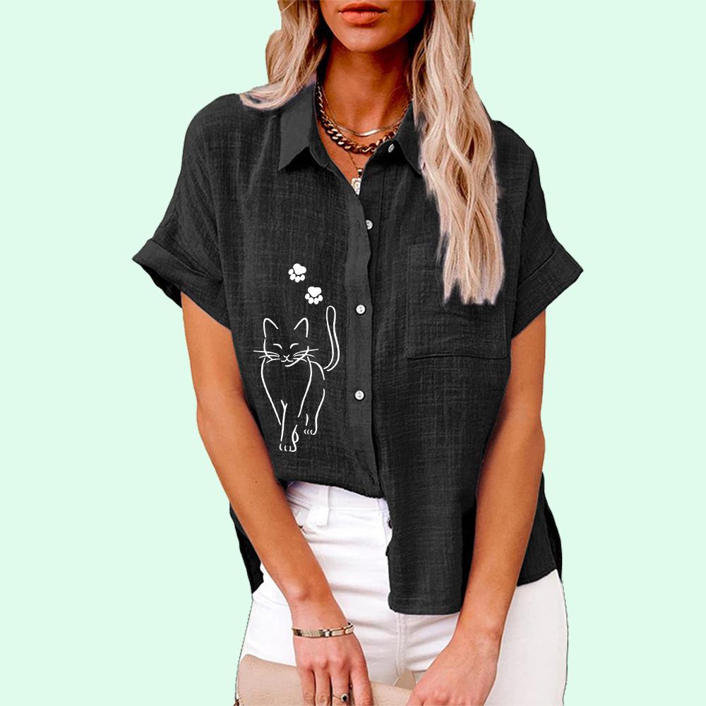 Plus Size Women Fashion Print Blouse Loose Buttoned Short Sleeve Shirt Ladies Casual Linen T-shirt Ladies