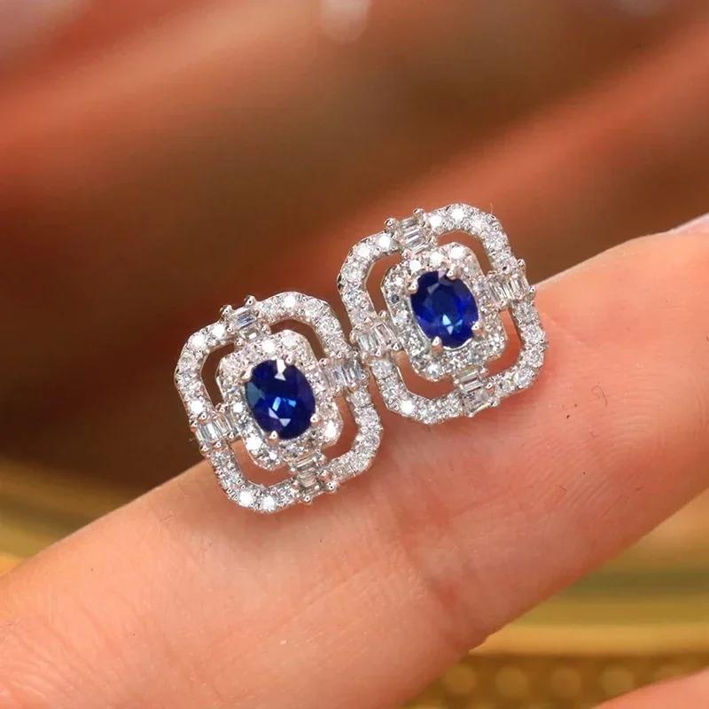 Gift Chic Blue Cubic Zirconia Stud Earrings for Women Fashion Geometric Piercing Daily Wear Temperament Lady Zircon