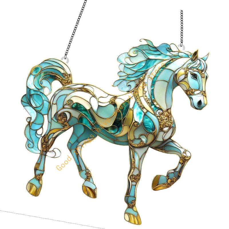 Stained Glass Window Hanging,Colorful Glass Window Panel Horses Suncatchers 55KF