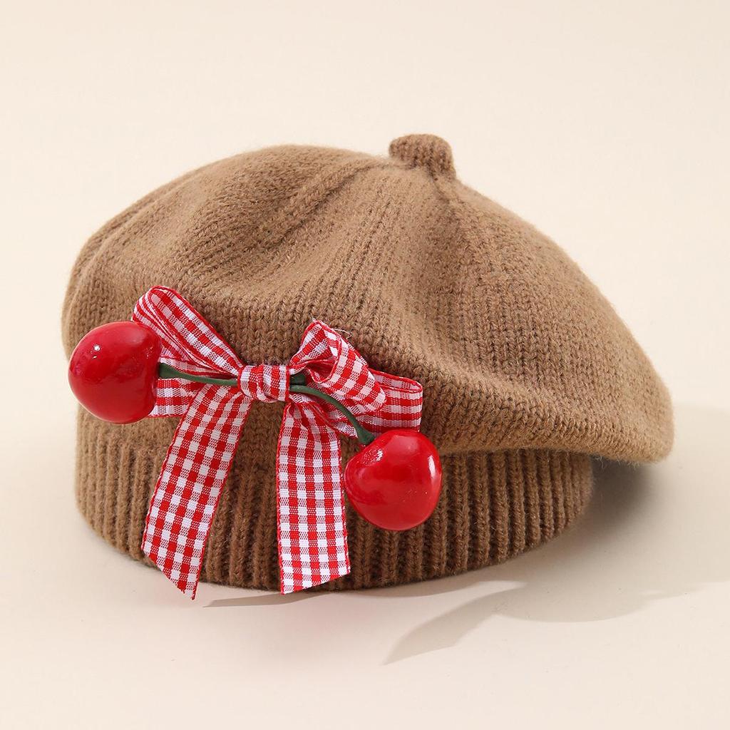 Charming Woolen Beret with Bow & Cherry for Kids - Autumn & Winter Solid Color Hat