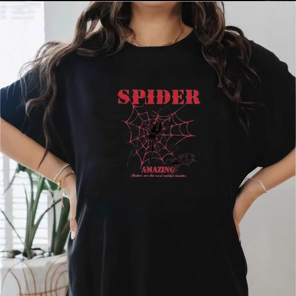 T-shirt Rotonda in Cotone con Stampa di Ragni Vintage