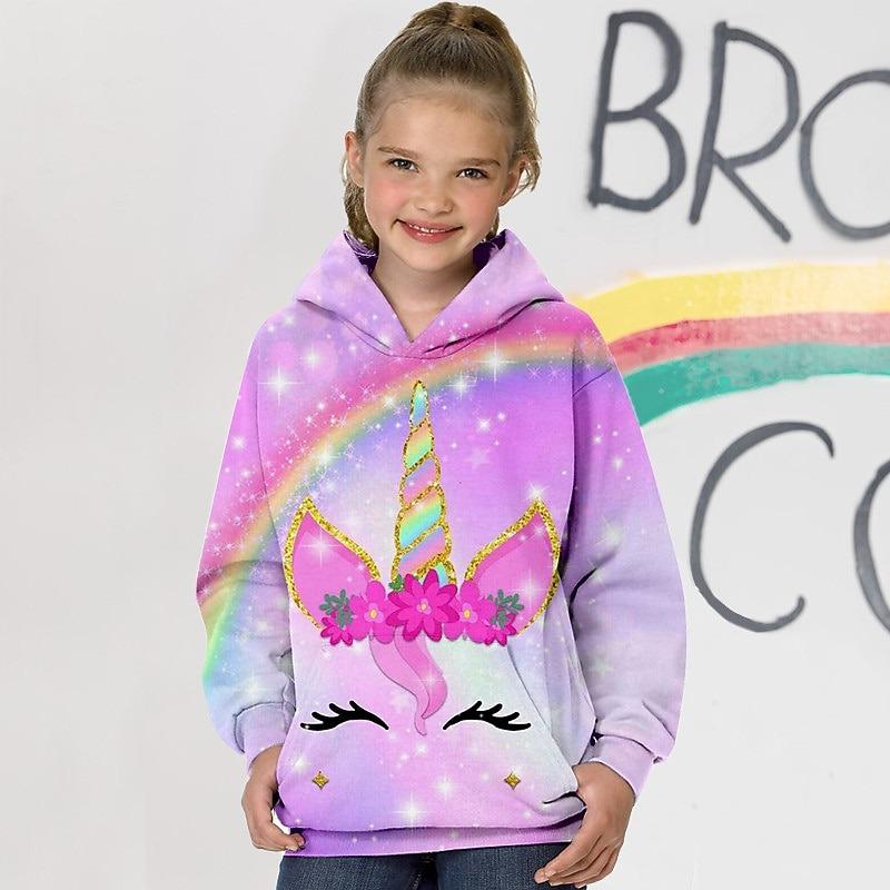 Girls' 3D Animal Unicorn Hoodie Long Sleeve 3D Print Spring Fall Fashion Streetwear Adorable Kids 3-12 Years Outdoor Daily Indoor Regular Fit