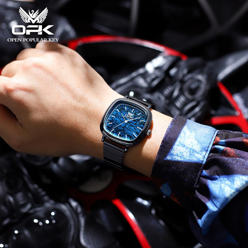 OPK Brand Luminous Waterproof Retro Square Steel Band Men's Quartz Watch 8143
