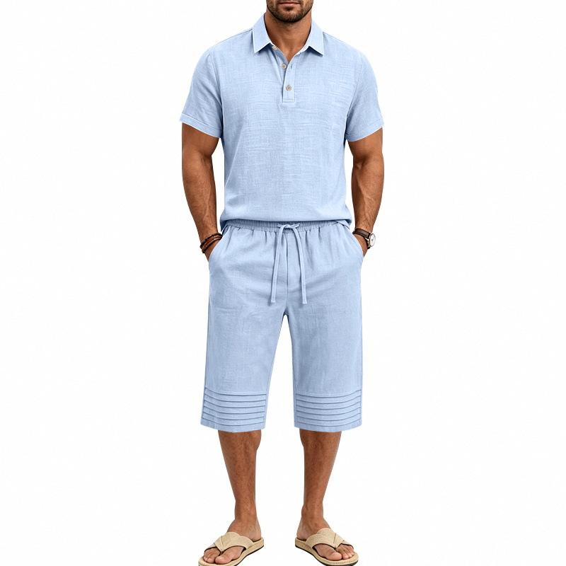 Summer Men's Casual Sportswear Sets Lapel Men's Short-Sleeved Shirt and Shorts Solid Beach Set