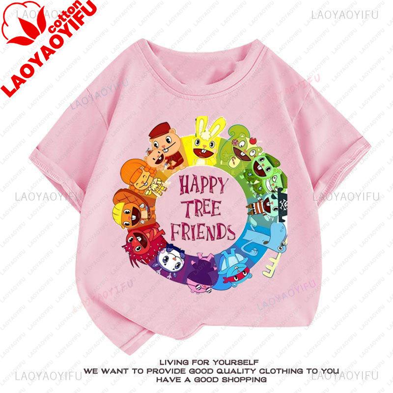 Camiseta Happy Tree Friends Estilo Kawaii Lindo Abrazos Dibujos Animados Gráfico Manga Corta Camiseta Oversize Casual Divertido Ropa Y2k