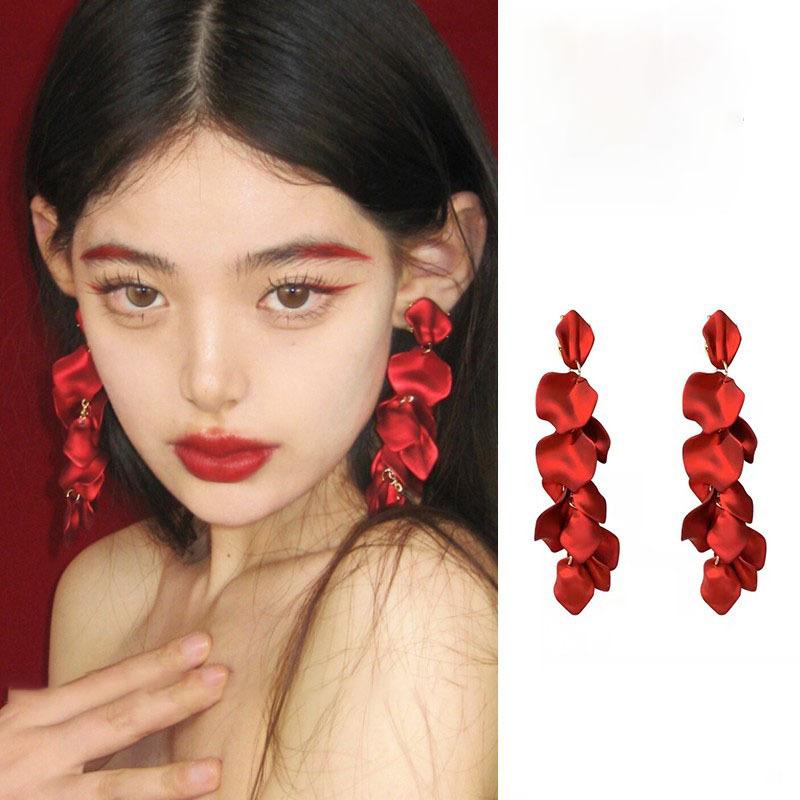 Rose petal earrings exaggerated fashion long fringed earrings women's high-end temperament versatile earrings
