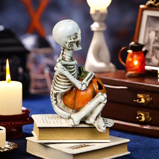 Halloween Skeleton Pumpkin Statue Spooky Pumpkin with Skull/Crow Sculpture Halloween Indoor Resin Ornament for Home Office Desk Decor