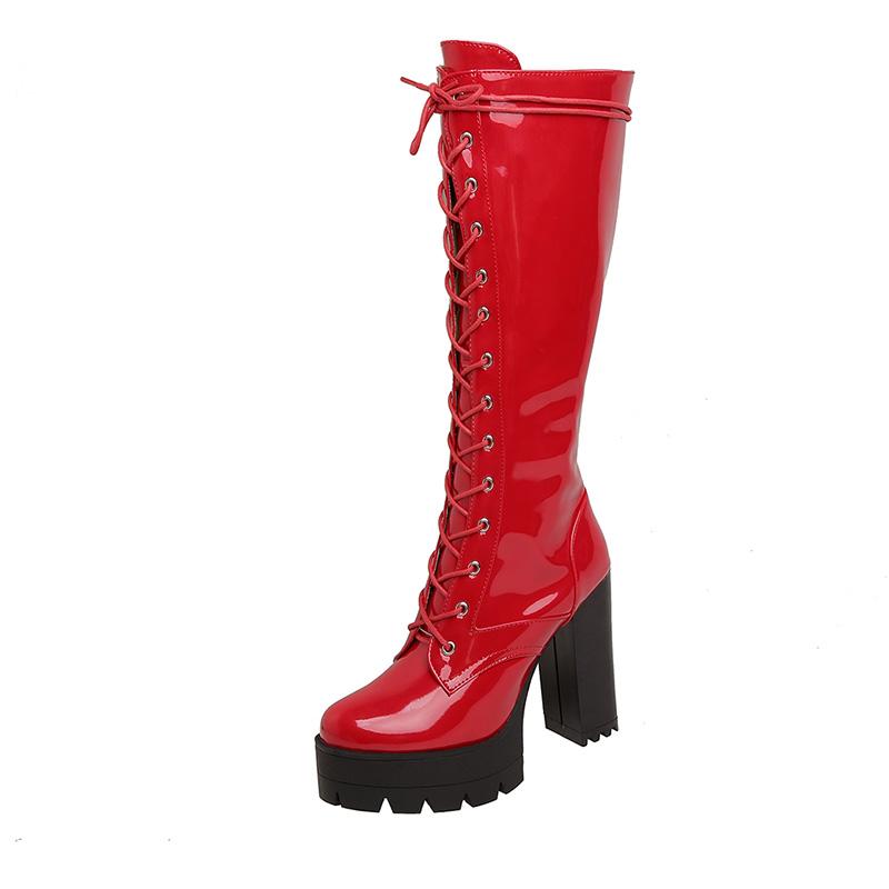 Fashion Patent Leather White Knee High Boots Lace Up Ladies Platform Boots High Heels Fashion Nightclub Patry Shoes Wholesale