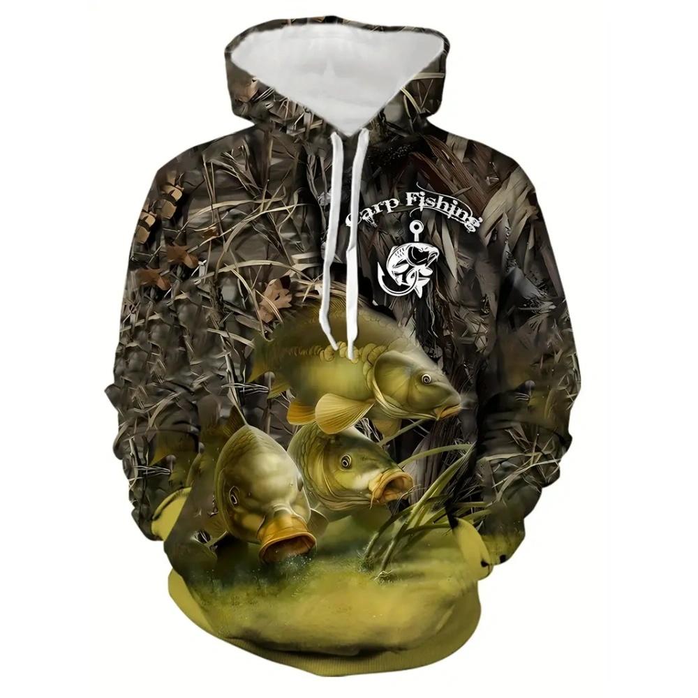 Fashion Fishing Pattern Print Hoodies for Man Autumn Winter Outdoor Loose Enthusiast Long Sleeve with Pockets Men's Sweatshirt