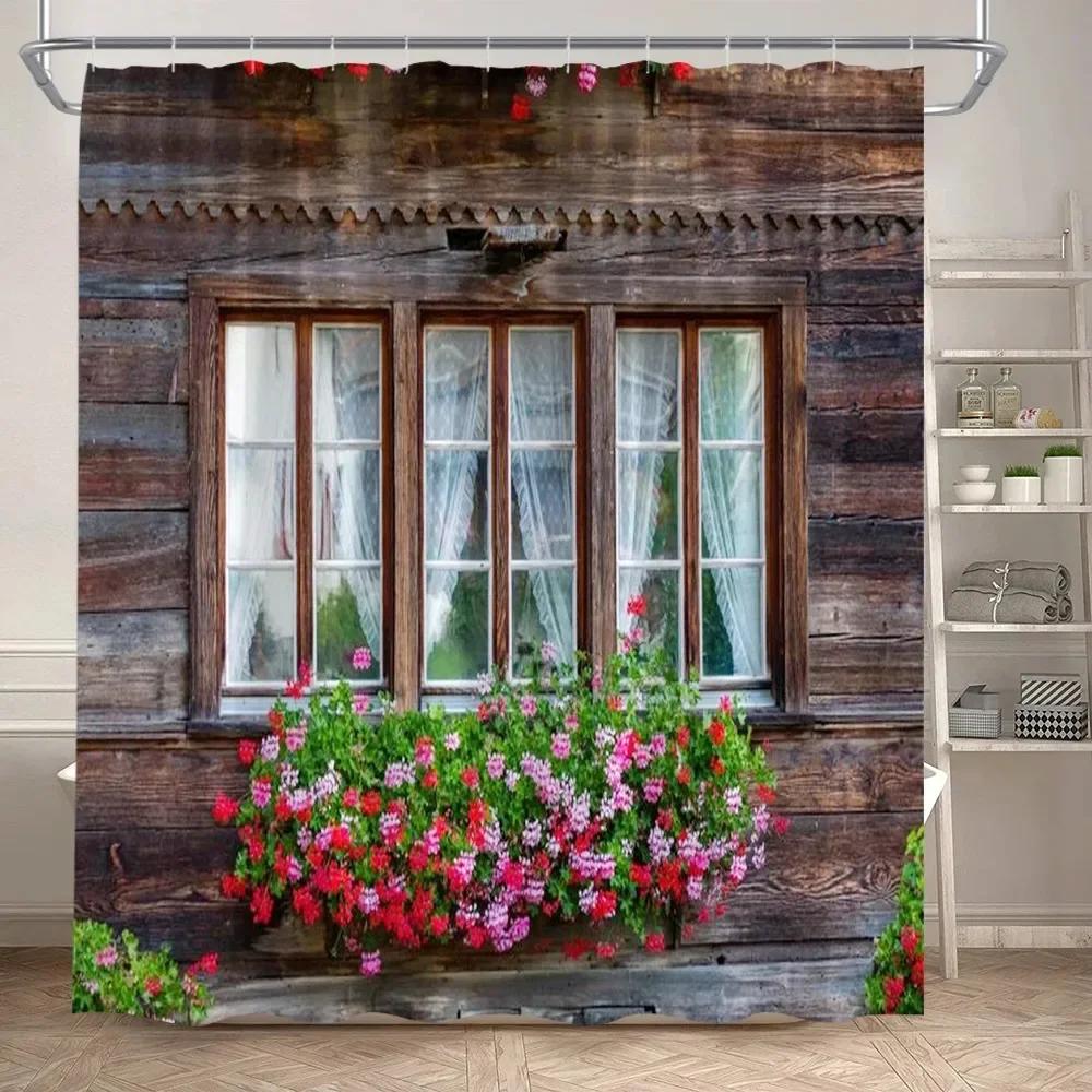 Fence Flowers Shower Curtains Blue Window Nature Floral Plants Scenery Modern Garden Wall Hanging Home Bathroom Decor With Hooks