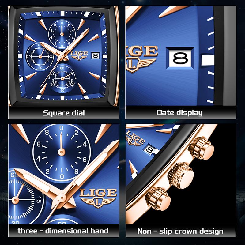 LIGE Top brand luxury watches mens Business Square Military Waterproof Sports Quartz Men's Stainless Steel Strap Calendar reloj