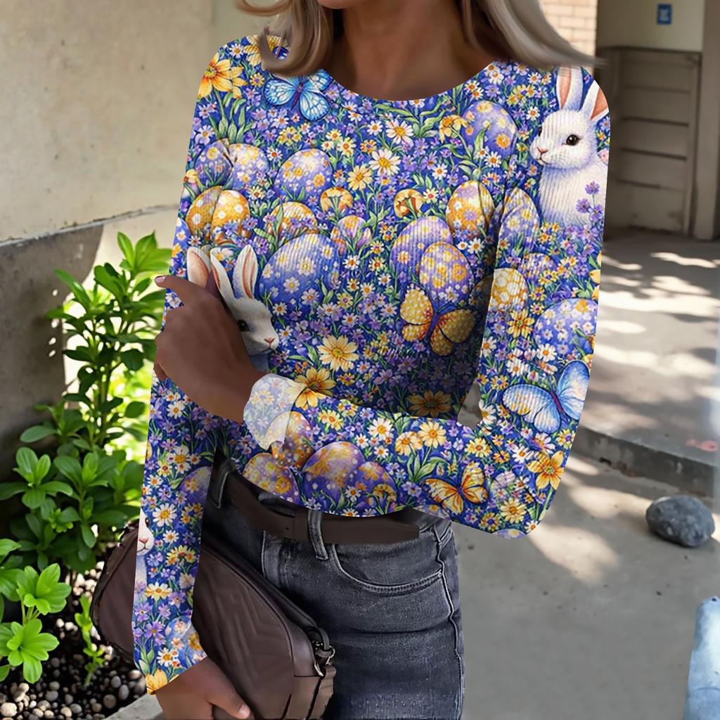 Women's And Winter Slim T-shirt Fashion Casual Printing Round Neck Pullover Long Sleeve Top