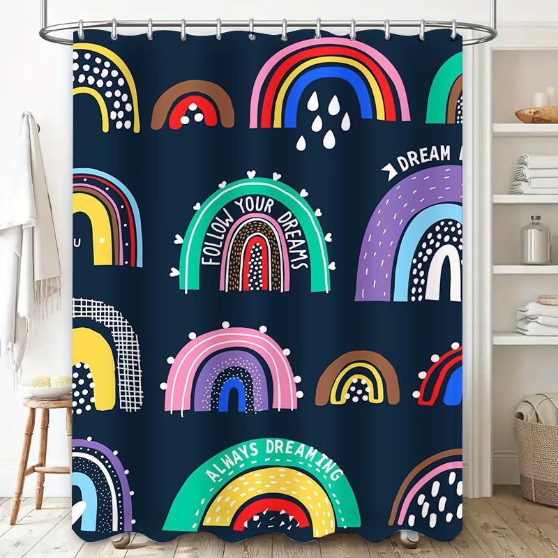 Rainbow Shower Curtain Waterproof Bathroom Decor Multicolor Non-toxic Print Fabric Shower Curtains for Bathrooms Dark Navy Backg