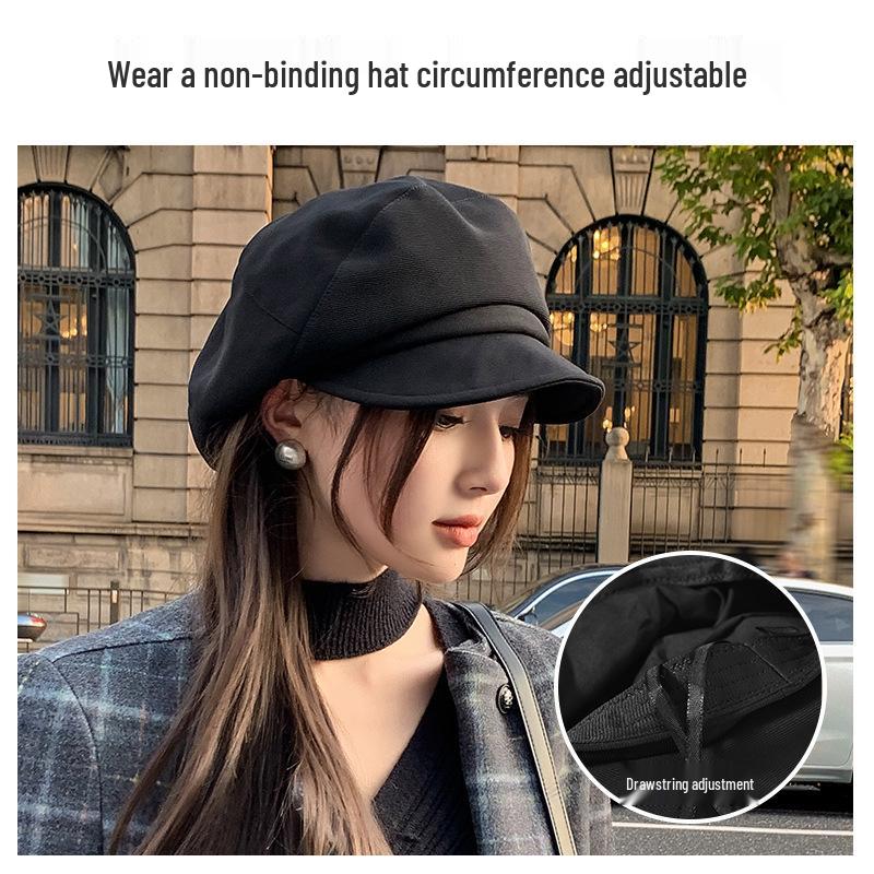 Béret Gavroche Noir Huit Pans pour Femme Printemps/Automne 2025, Style Peintre Visage Fin.