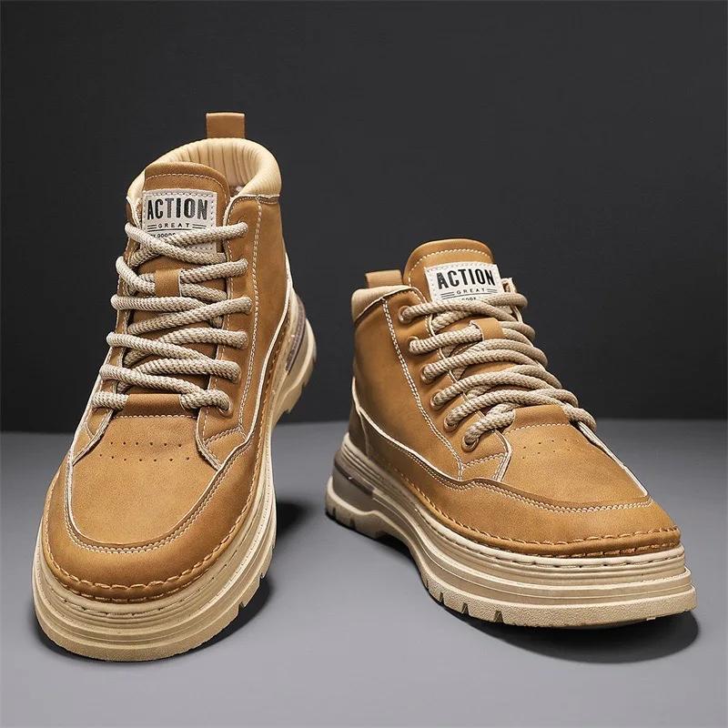Men's Boots High Top Casual Sneaker High Quality Leather Ankle Boots for Men Lace Up Platform Work Boot Botas Masculinas