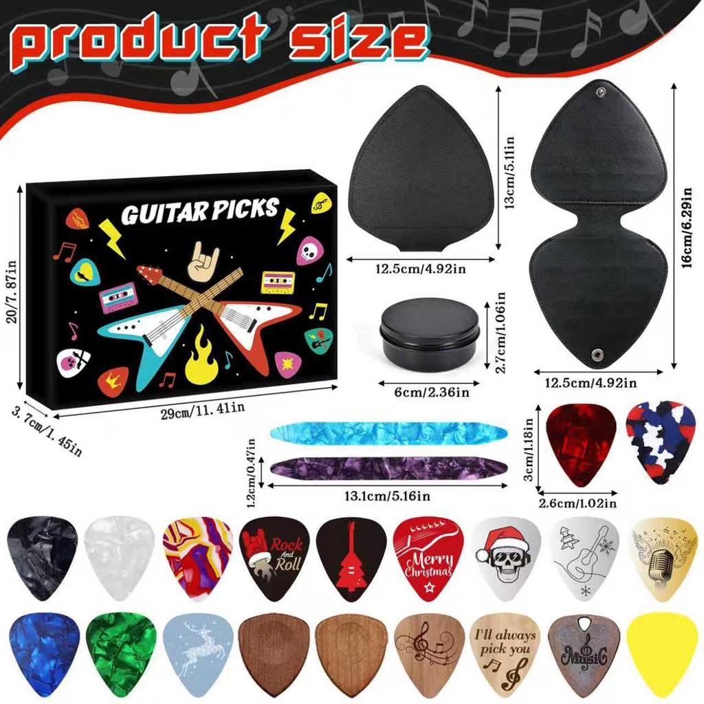 24-Day Guitar Picks Advent Calendar, Musical Christmas Countdown Box with 24 Picks for Acoustic, Electric, Bass, Holiday Gift