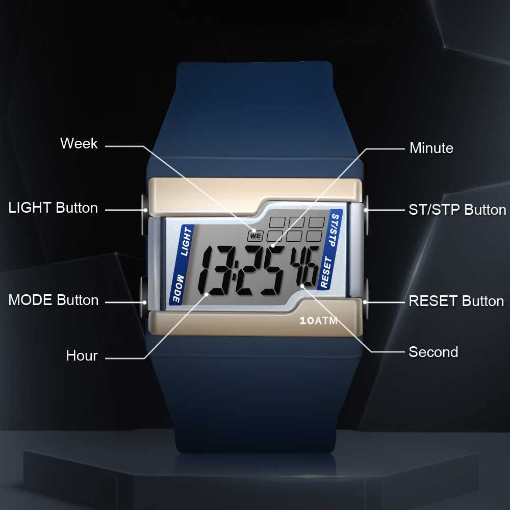10 ATM Water Resistant Digital Wristwatch with Multiple Functions for Swimming Diving Lap Stopwatch, Alarm Clock, Calendar and Backlight