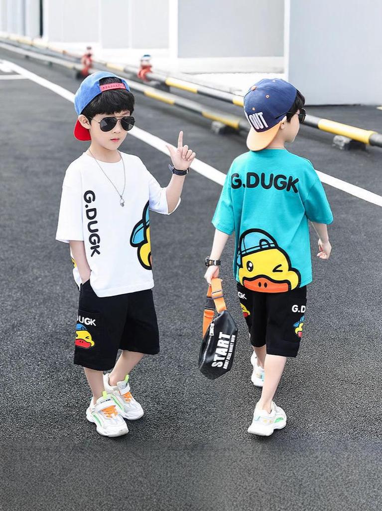 Trendy 2024 Little Yellow Duck Boys' Summer Short Sleeve Set - Fashionable and Handsome
