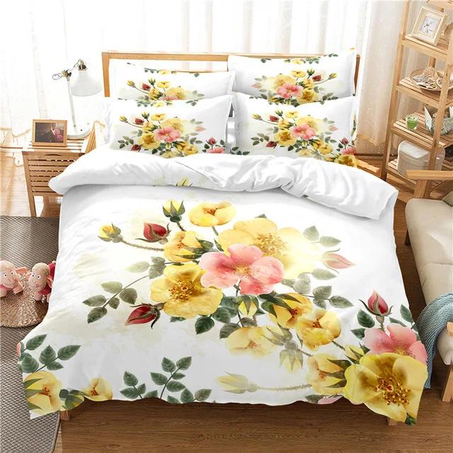 Red Pink Flower Floral Plant Comforter Bedding Set New 3D Print Adult Duvet Cover Sets Bed Linen Gift Queen King Double Size