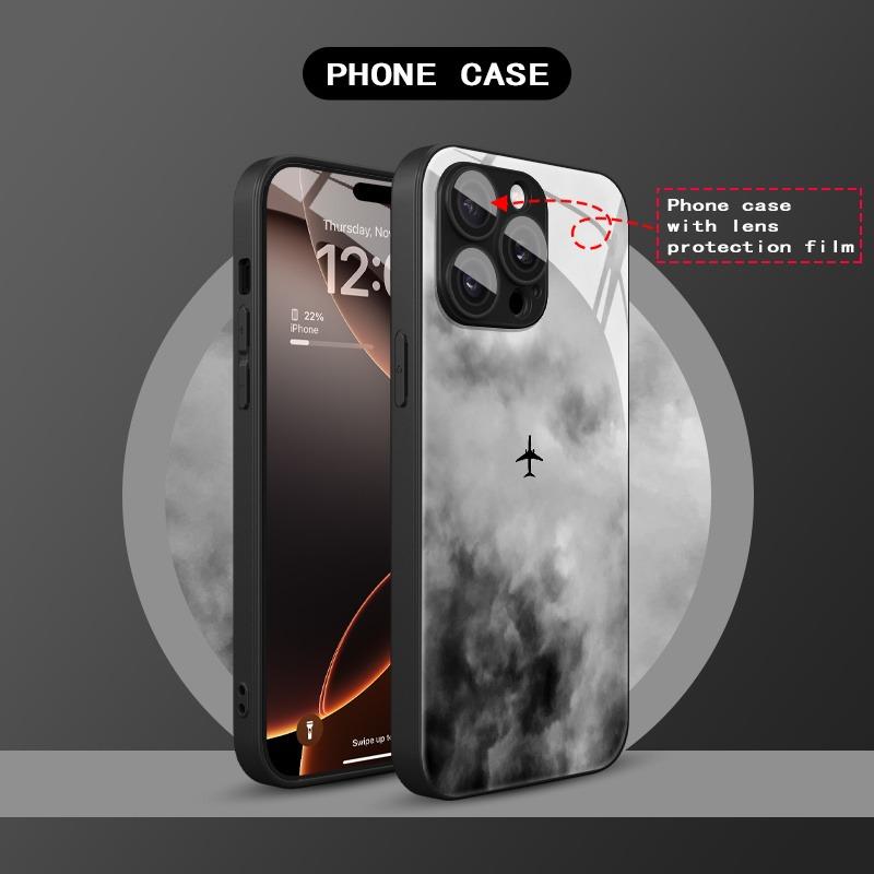 Minimalist Dark Cloud Airplane Print Tempered Glass Phone Case For Samsung Galaxy S25 S24 S23 Ultra Plus FE Shockproof Cover