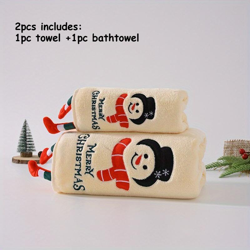 2pcs Christmas Family Set with Snowman, Reindeer & Santa Design Towels Ultra-Soft Coral Fleece Bath Towel, High Absorbency Gift