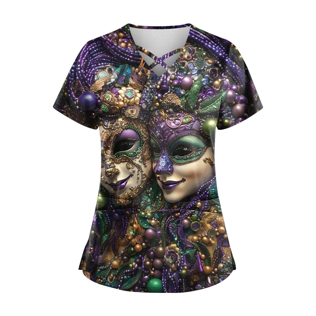 Women's Short Sleeve Stagger V Neck Carnival Print Pocket Dry-nurse Top