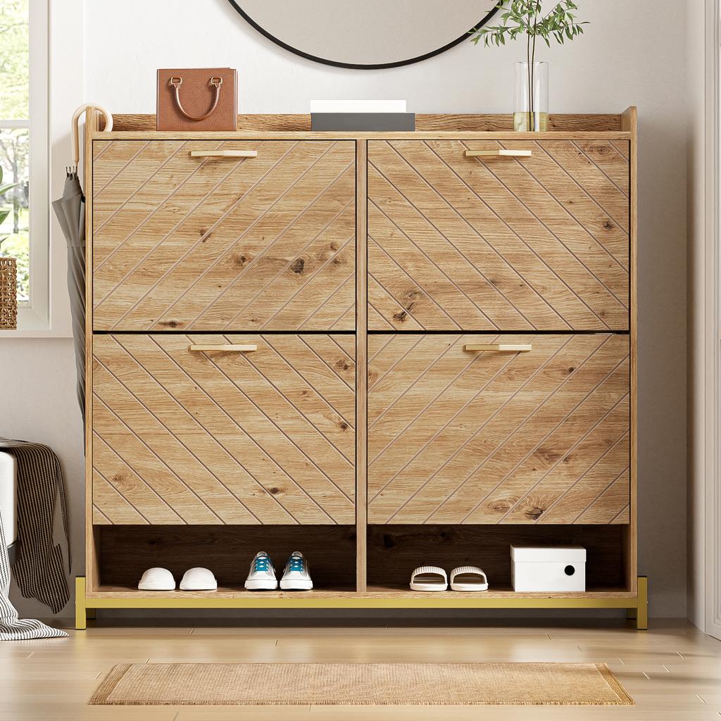 Modern Shoe Rack In Wood Look – 4-Door Shoe Cabinet – Space-Saving Shoe Cabinet for Entrance Area, Hallway or Hallway – Sturdy and Stylish