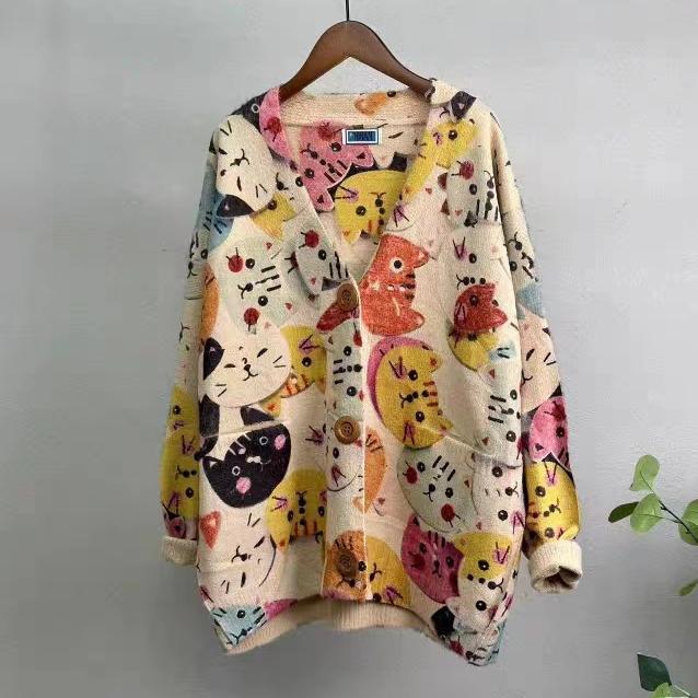 DIMANAF 2023 Neue Herbst Plus Größe Pullover Strickjacke Oversize Frauen Muster Floral Cartoon Druck Pullover Stricken Lose Pullover