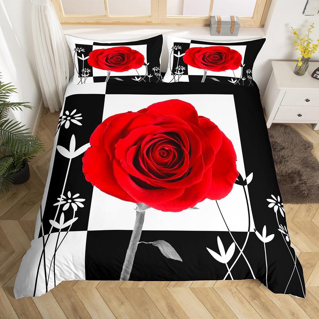 Rose Floral Duvet Cover Queen Twin for Women Girls Couple 3D Red Rose Wine Glass Bedding Set Luxury Botanical Comforter Cover