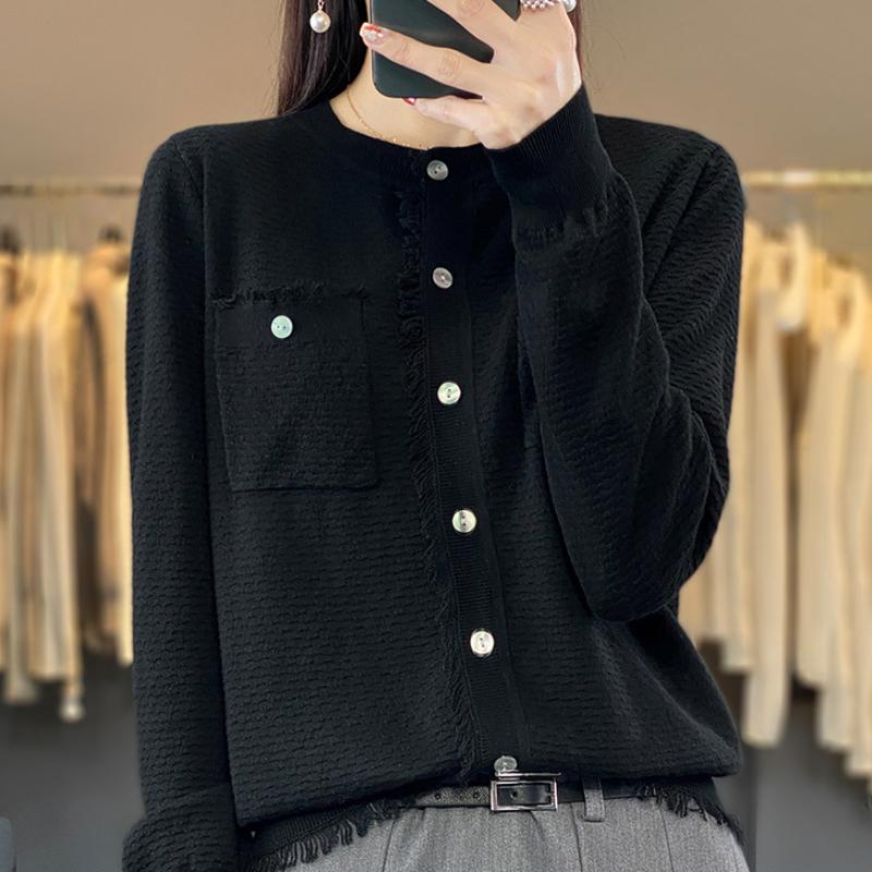 Round Neck Tassel Double Pocket Imitation Wool Knitted Cardigan for Women's Summer New Loose Versatile Jacket Top